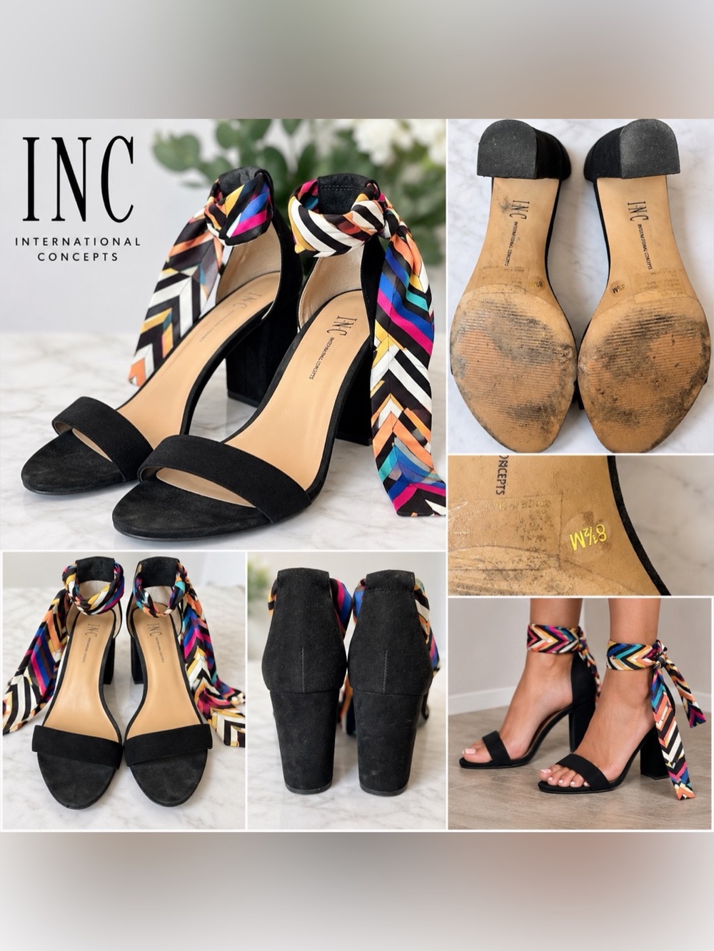 INC International Concepts Geometric Ankle-Tie Heels in Black & Multicolor
